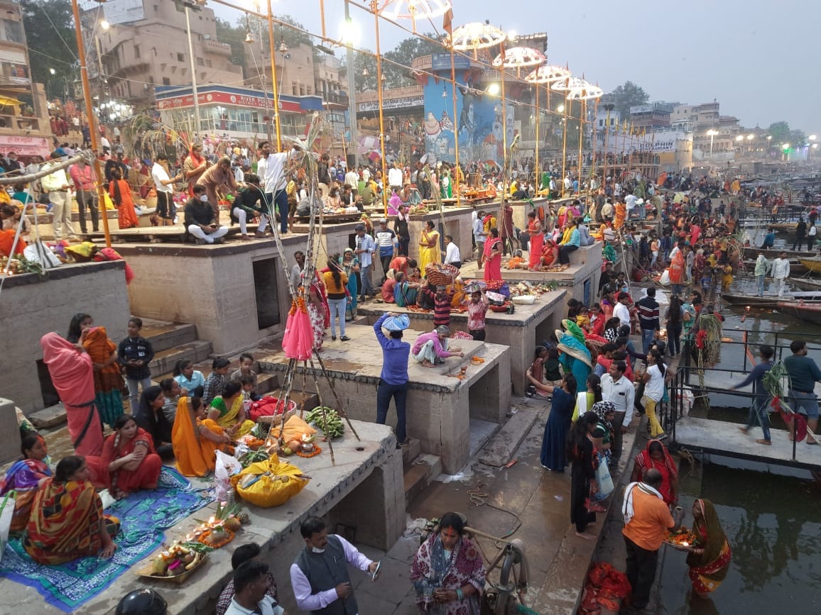 Chhath Puja in Varanasi women offer arghya to the setting sun