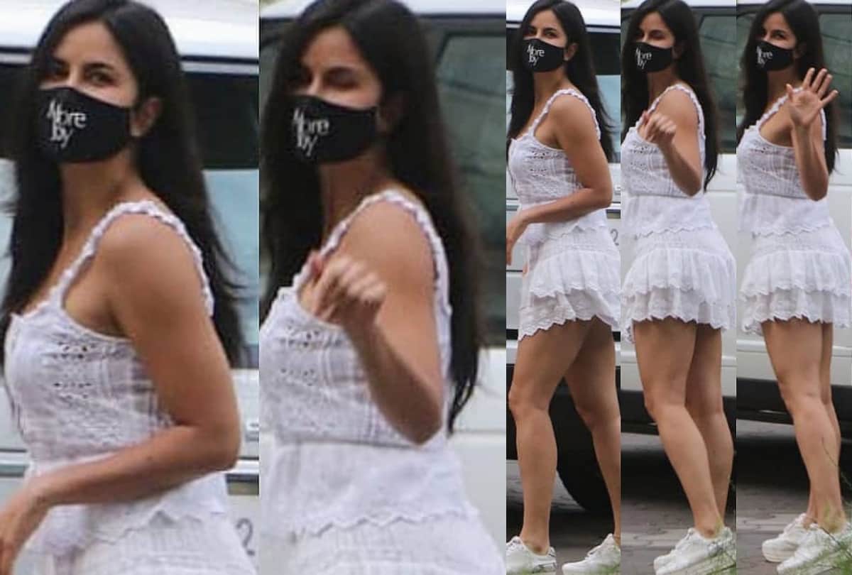 wearing mask katrina kaif spotted in white short lace dress flaunts toned legs outside yashraj studio