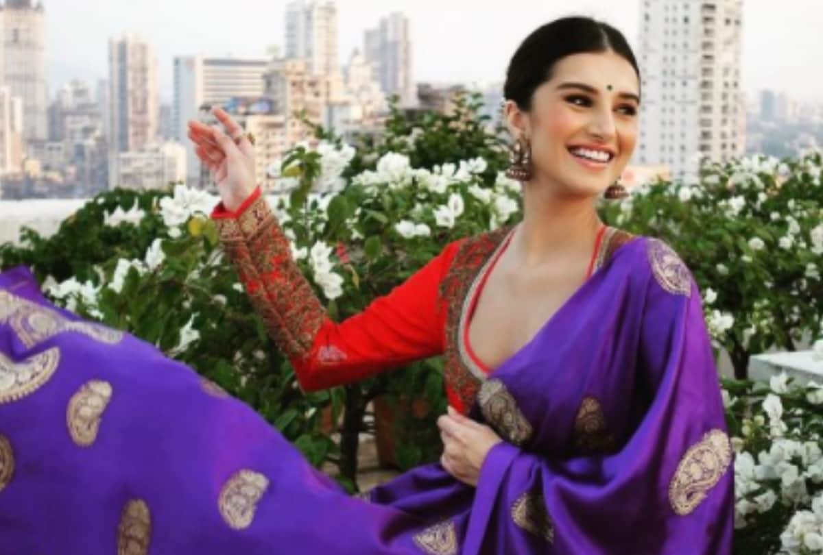 tara sutaria peach saree with bralette blouse for marjavan promotion