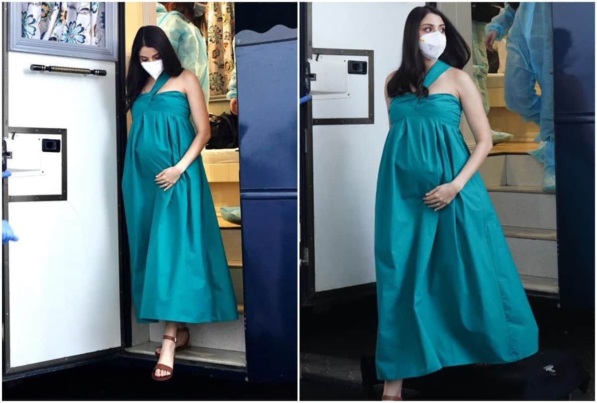 anushka sharma spotted in work mode during pregnancy wearing green off shoulder dress