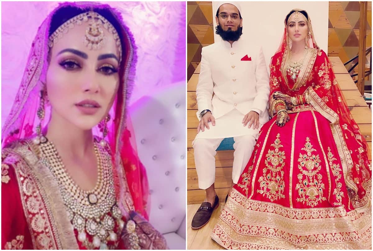 Sana Khan Shares Her Walima Look Blushing In Red Lehenga