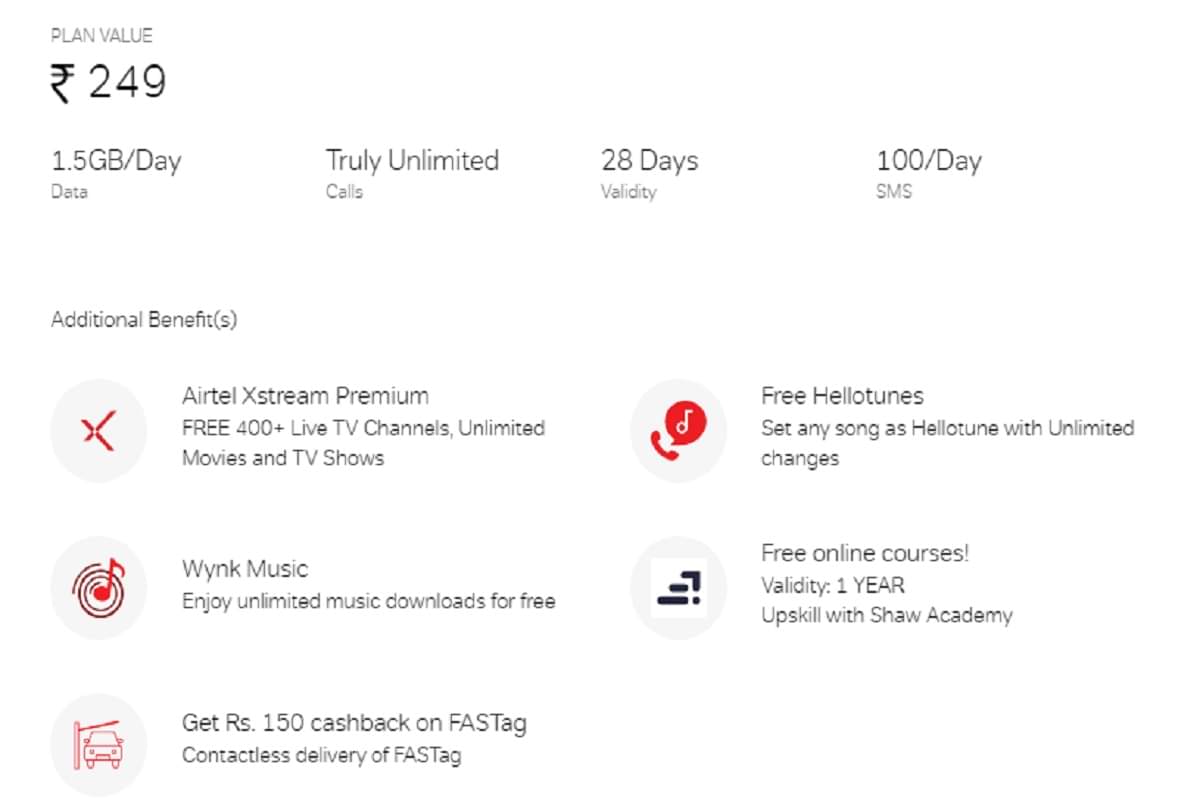 airtel daily 1.5 gb data plan starting price rs 249