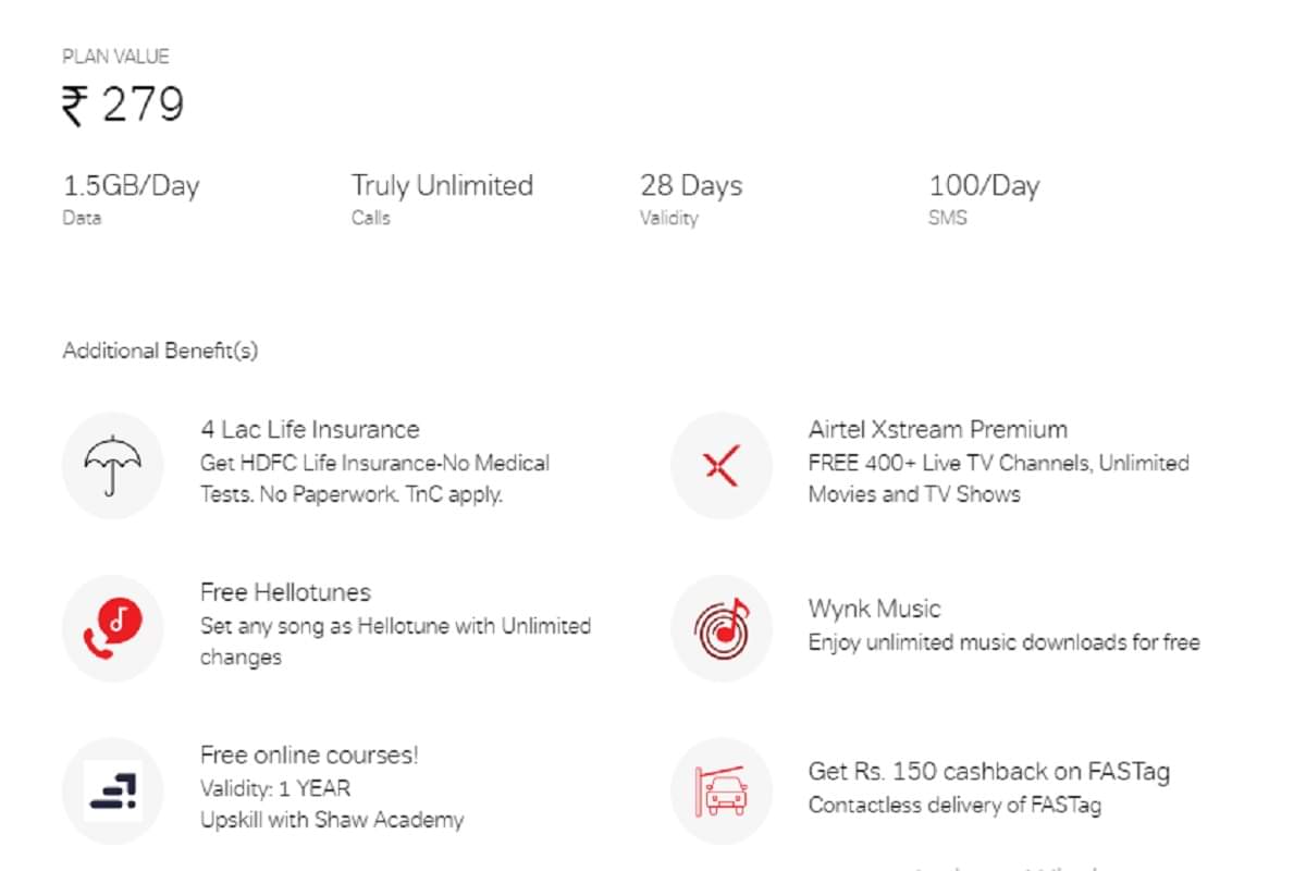 airtel daily 1.5 gb data plan starting price rs 249