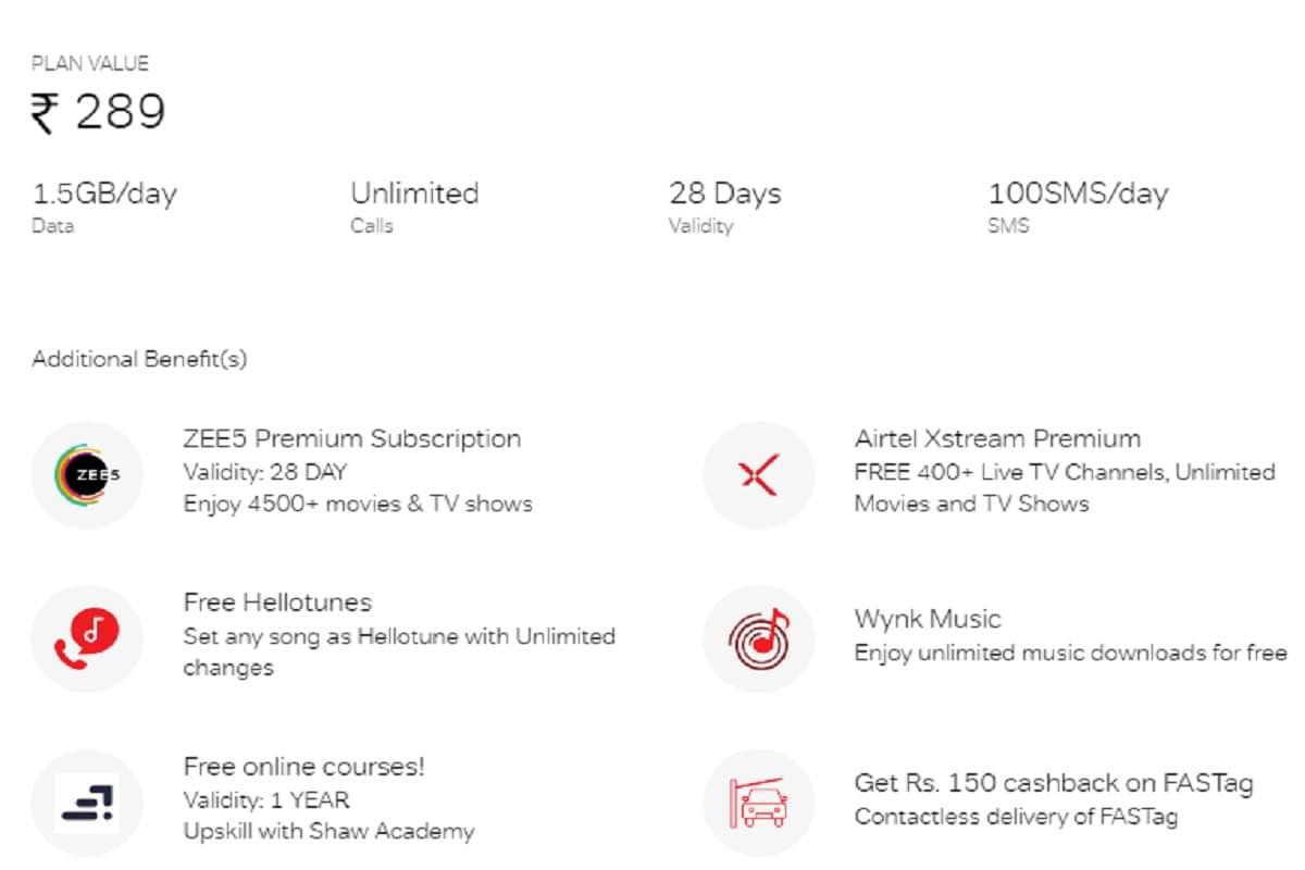 airtel daily 1.5 gb data plan starting price rs 249