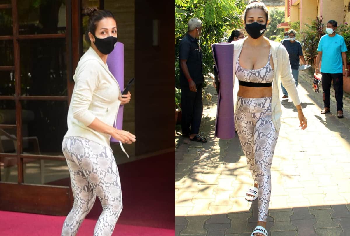 malaika arora spotted in silver grey animal print gym wear carry yoga mat