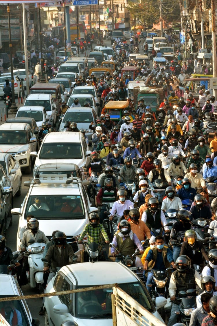 Traffic in Varanasi vehicles queued up people stuck in jam for hours