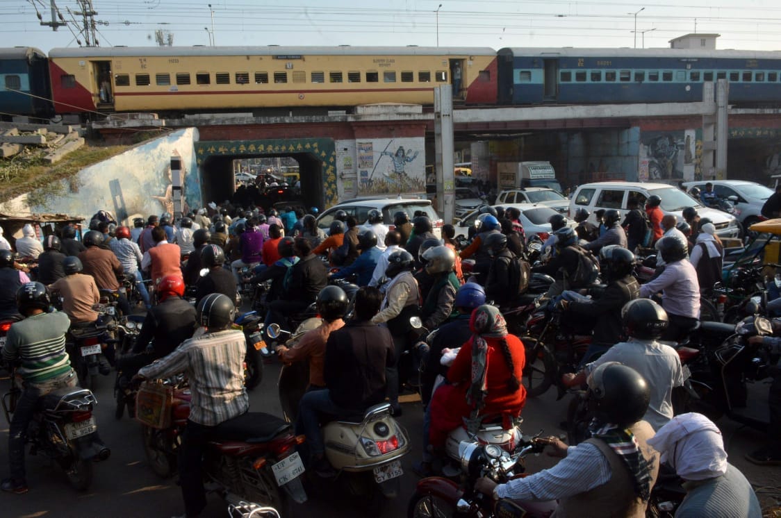 Traffic in Varanasi vehicles queued up people stuck in jam for hours