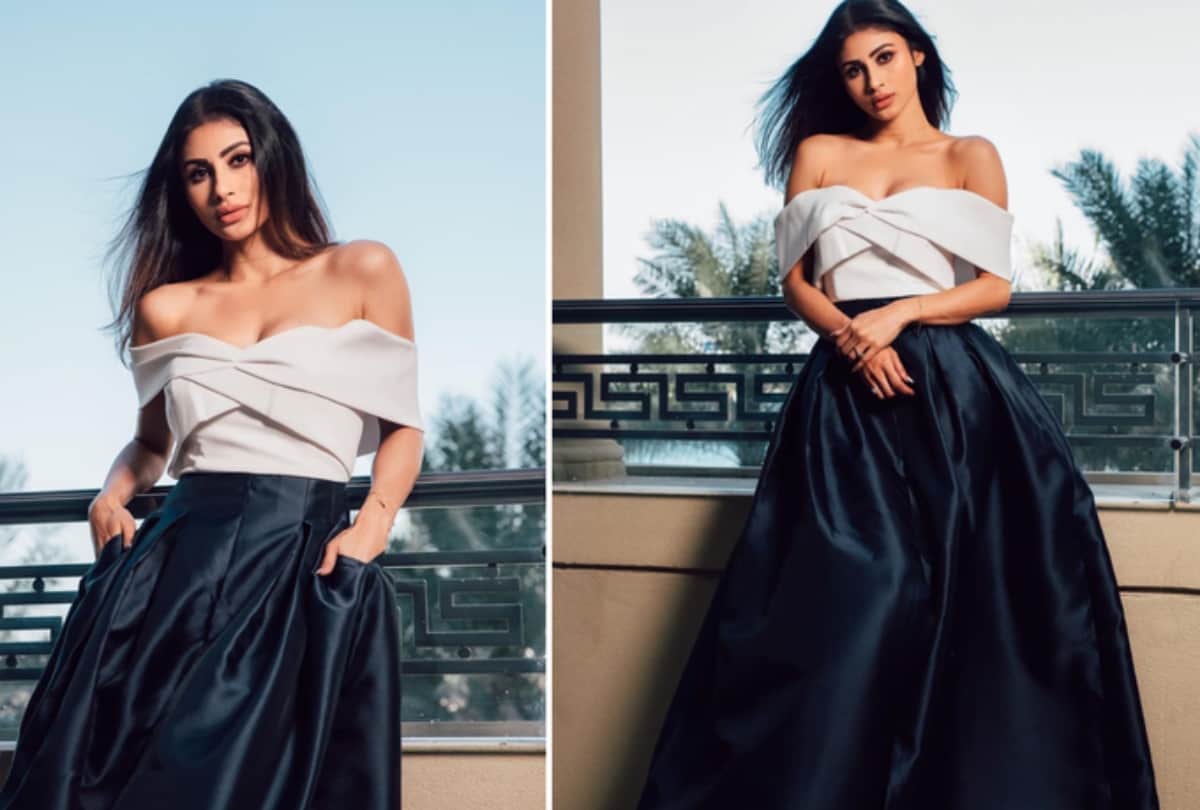 mouni roy photoshoot in black and white satin gown with wrap sweetheart neckline worth 69k