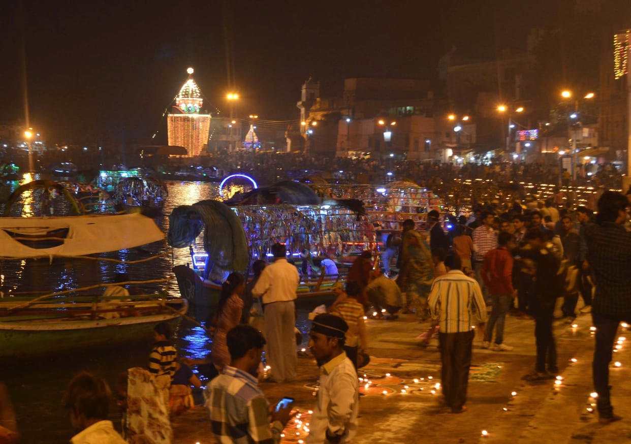 Ramghat illuminated with lamps on Devothan Ekadashi