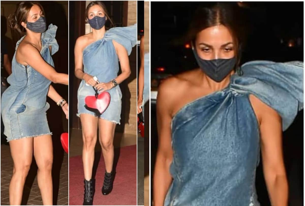 malaika arora flaunts her super toned legs in short denim one shoulder dress