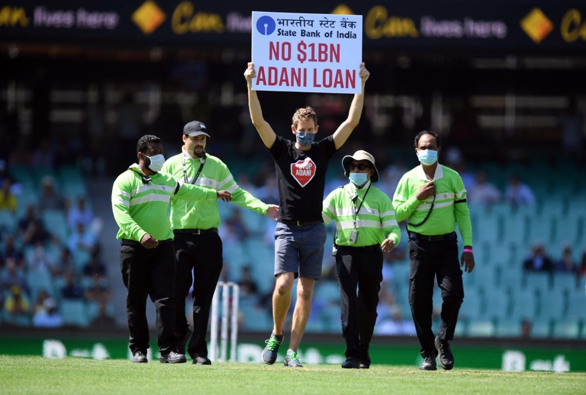 AUSTRALIA VS INDIA: Pitch Invaders into ground holding posters against Adani during Sydney ODI