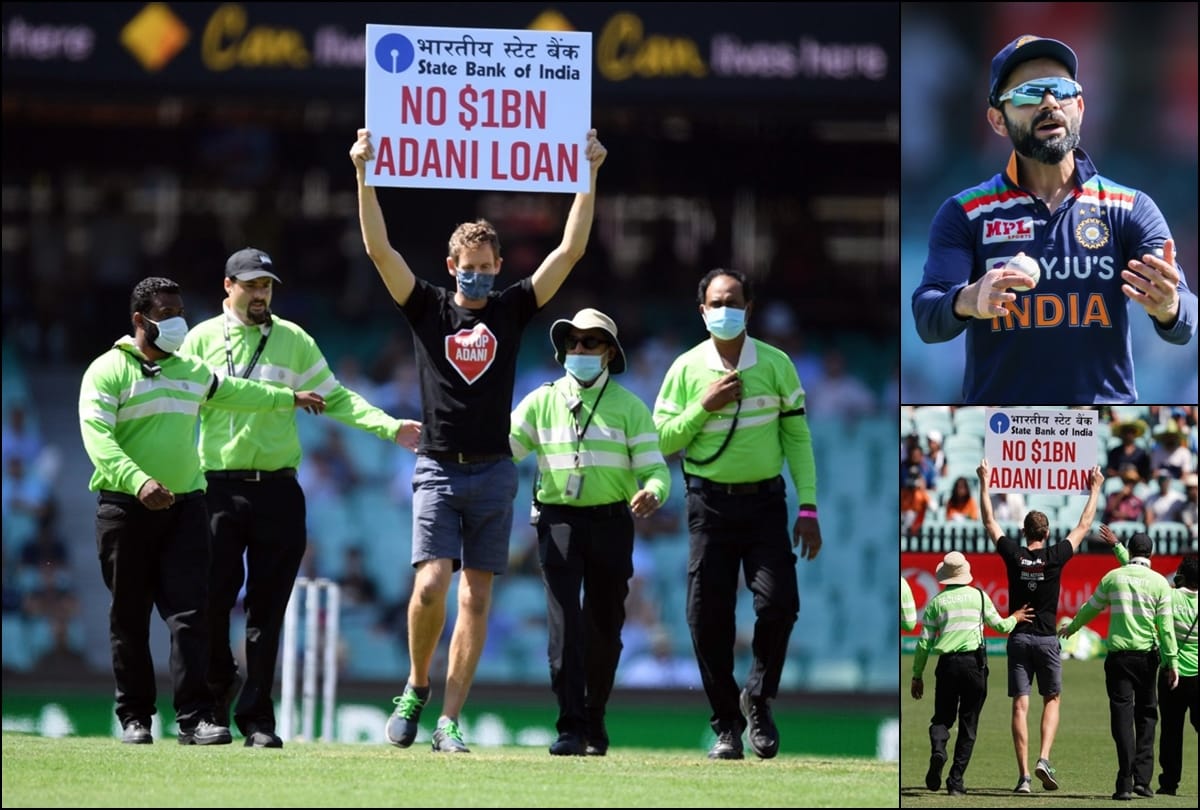 AUSTRALIA VS INDIA: Pitch Invaders into ground holding posters against Adani during Sydney ODI