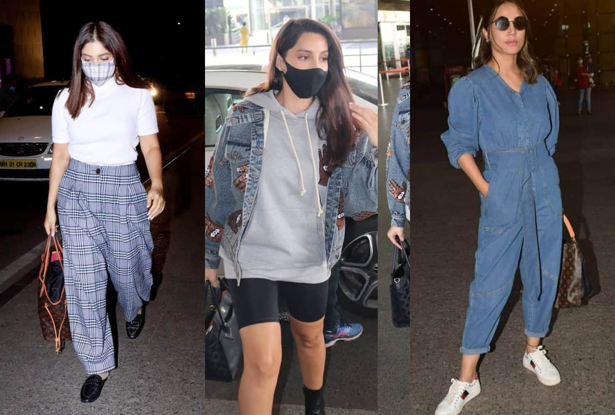 nora fatehi wear shorts with jacket while hina wearing denim jumpsuit at airport in latest pic