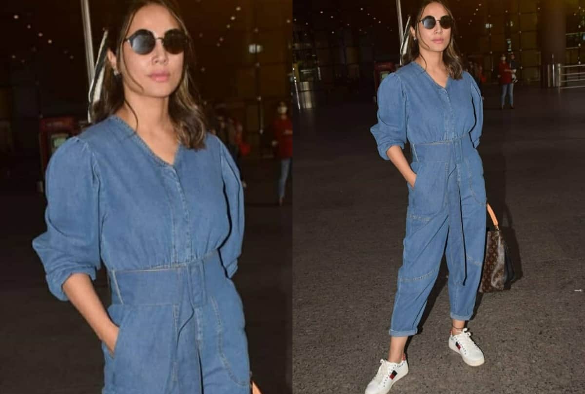 hina khan latest airport look in blue top with cream palazzo fails impress the fashion lover