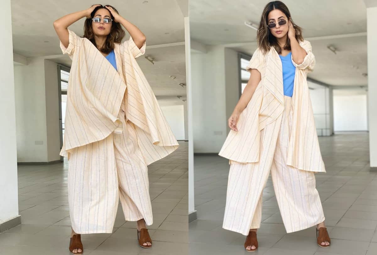 hina khan latest airport look in blue top with cream palazzo fails impress the fashion lover
