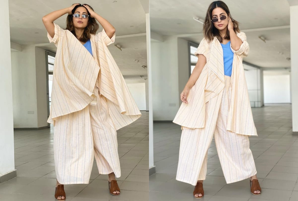hina khan latest airport look in blue top with cream palazzo fails impress the fashion lover