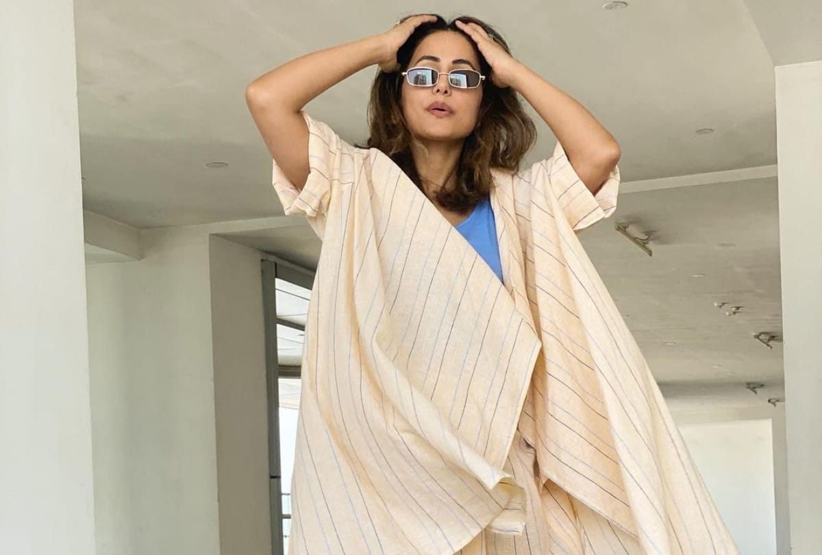 hina khan latest airport look in blue top with cream palazzo fails impress the fashion lover