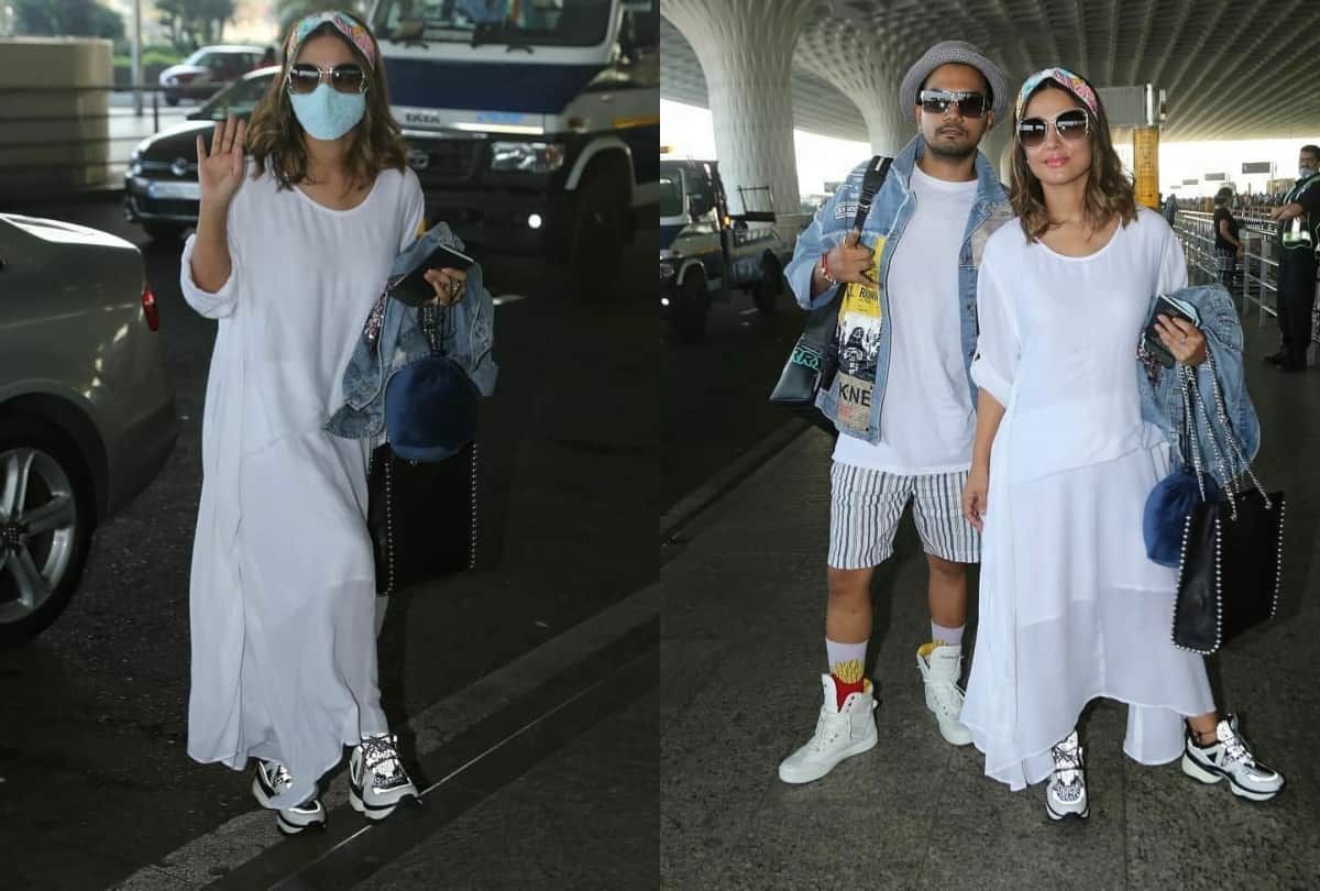 hina khan latest airport look in blue top with cream palazzo fails impress the fashion lover