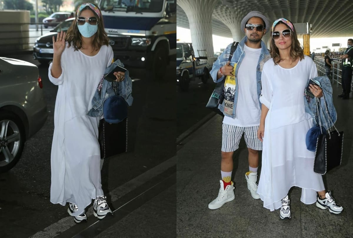 hina khan latest airport look in blue top with cream palazzo fails impress the fashion lover