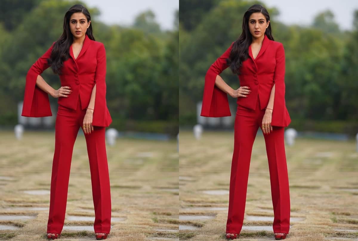 sara ali khan in red pant suit while varun dhawan show dapper look in leather black jacket