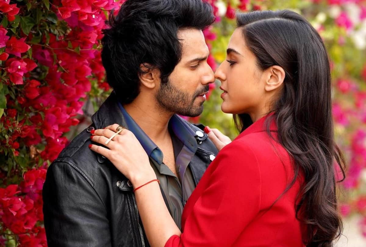 sara ali khan in red pant suit while varun dhawan show dapper look in leather black jacket