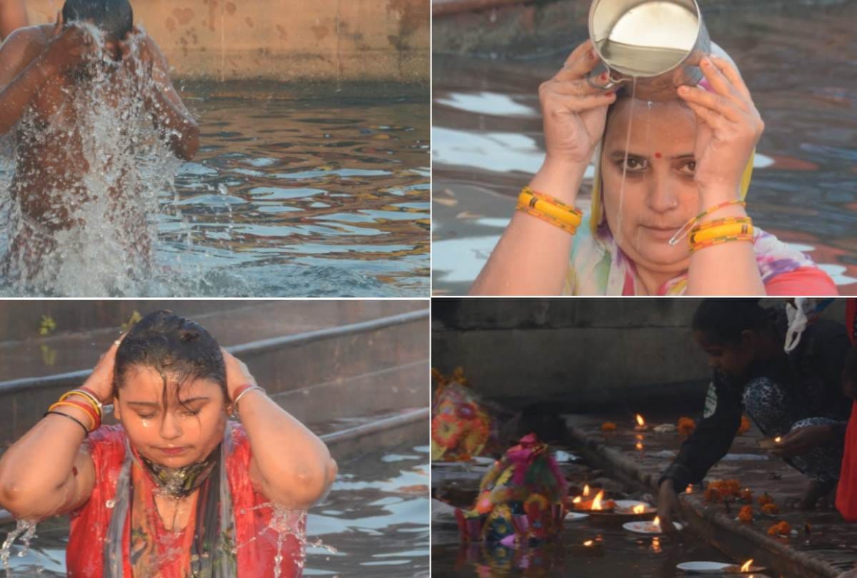 devotees took a dip in the gomti river on kartik purnima