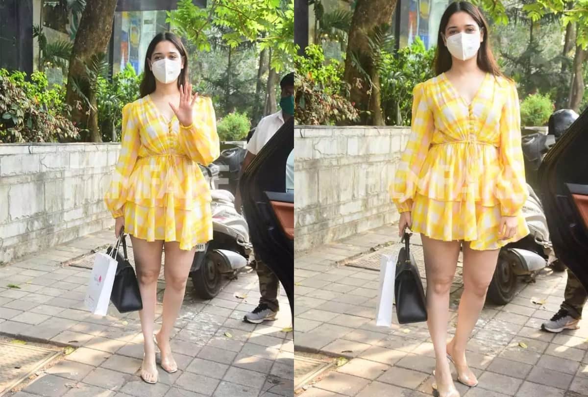 tamannah bhatia flaunted toned legs in yellow checkered mini dress for lunch outing