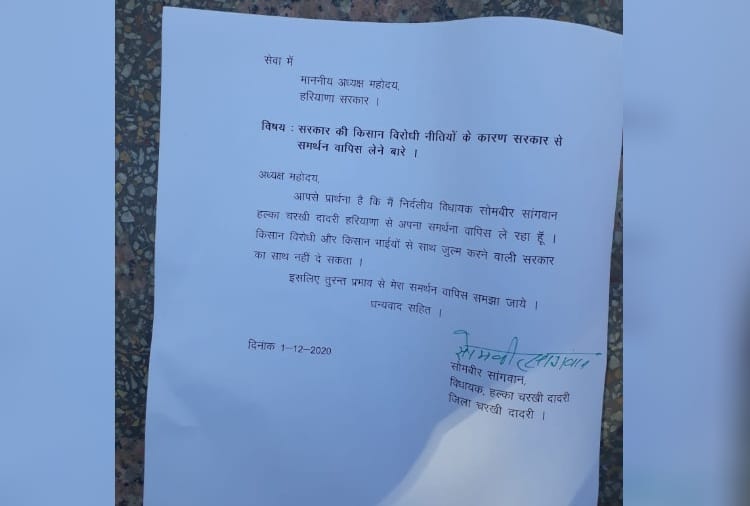 Independent MLA Sombir Sangwan Withdrew Support from Haryana Government