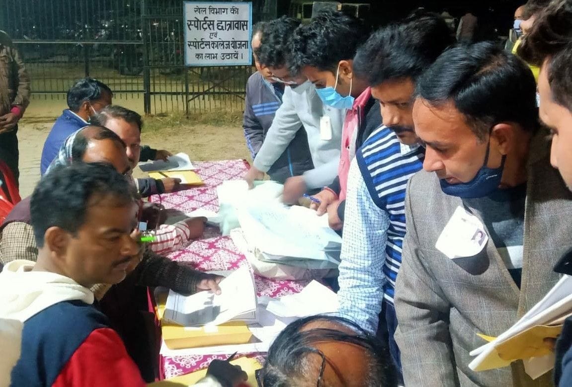 Hathras: Polling parties gather ballot papers at sports stadium