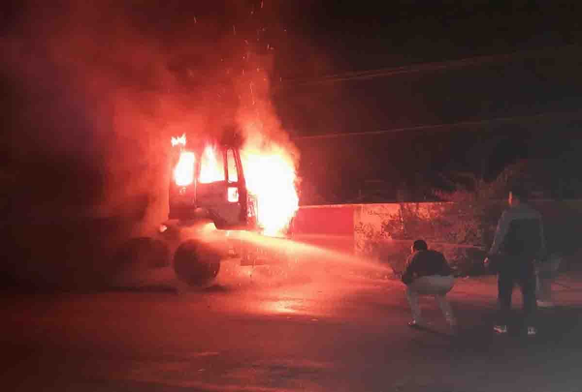 Kanpur countryside: container burnt on highway