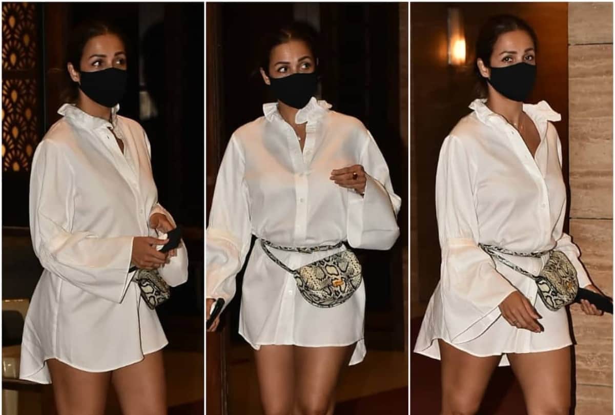 malaika arora bold look flaunted toned legs in paintless shirt dress with boots