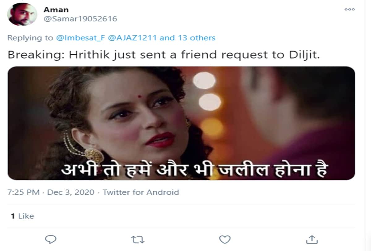 Kangana Ranaut and Diljit Dosanjh Twitter War Netizens Share Funny Memes Of Hrithik Roshan