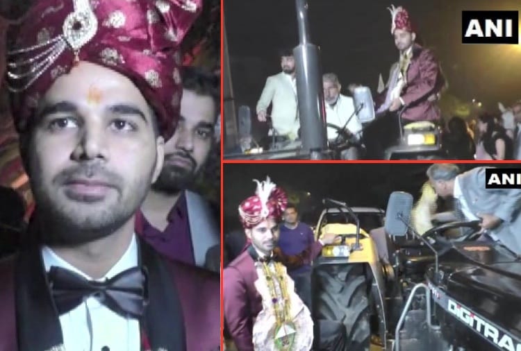 Farmer Protest : Groom in Haryana ride a tractor to show support to farmers