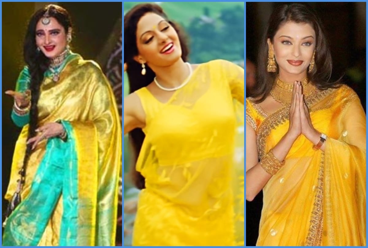 Rekha sridevi aishwarya rai Bollywood actress in yellow saree beautiful look