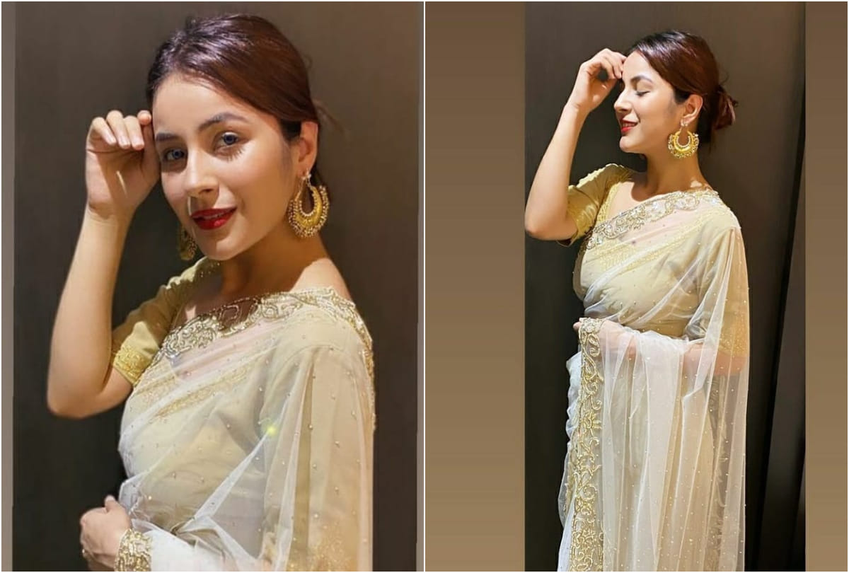 shehnaz gill look stunning in white and gold border saree photos goes viral
