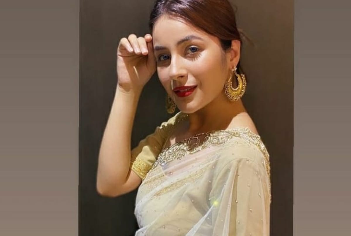 shehnaz gill look stunning in white and gold border saree photos goes viral