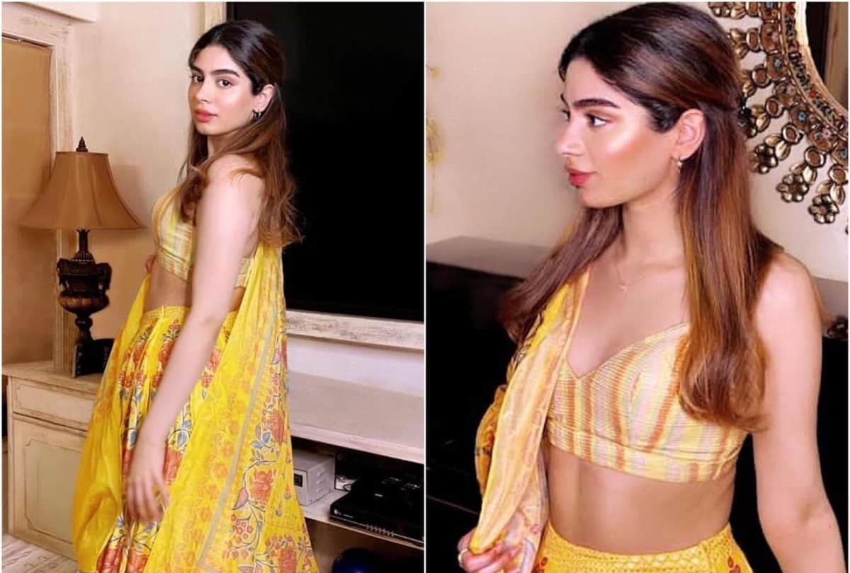 khushi kapoor looks vibrant in anita dongre yellow floral motif lehenga
