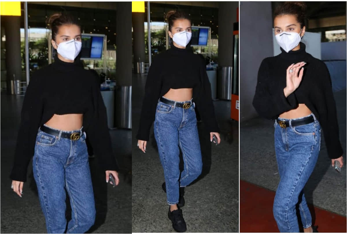tara sutaria latest airport look is hot winter fashion wearing crop sweater with jeans