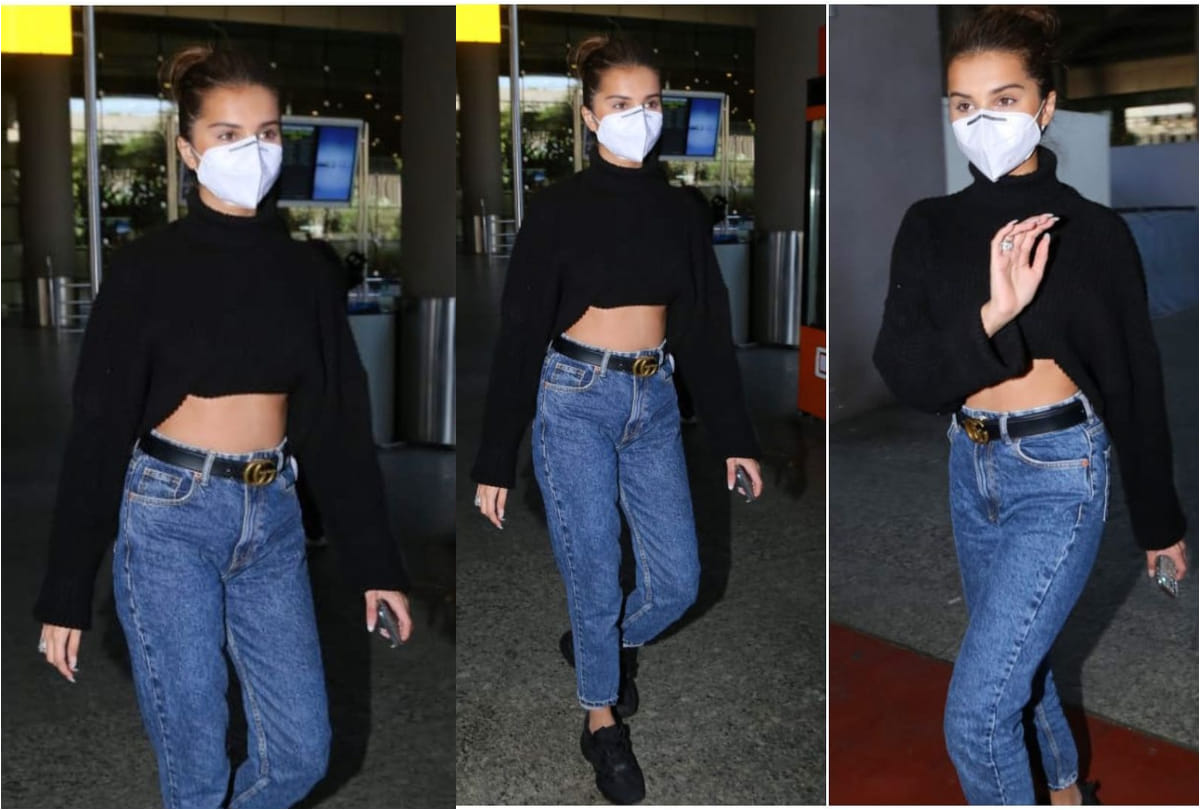 tara sutaria latest airport look is hot winter fashion wearing crop sweater with jeans