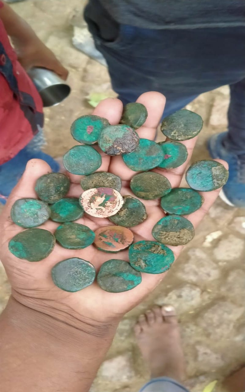 Copper coins found in mound excavation for Six Lane in Mau, UP