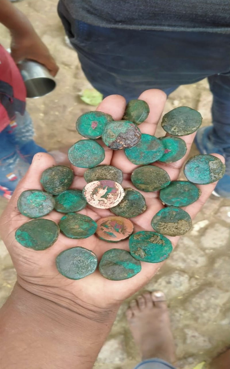 Copper coins found in mound excavation for Six Lane in Mau, UP