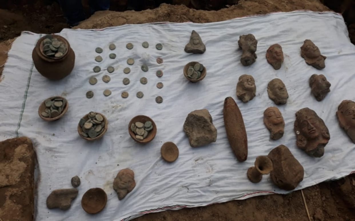 Copper coins found in mound excavation for Six Lane in Mau, UP