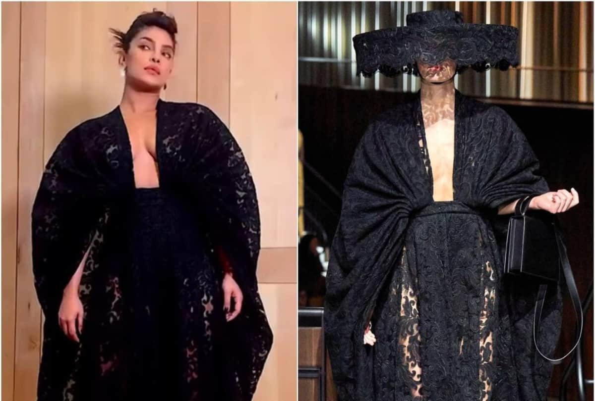 priyanka chopra wearing black baggy dress with plunging neckline