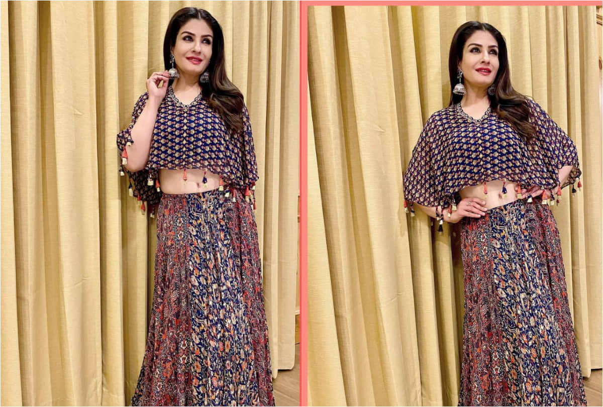 raveena tandon look stunning in black floral skirt with tassel crop top