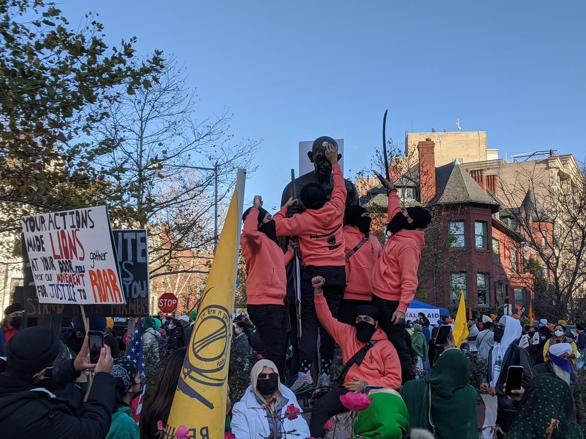 Farmer Protest against farmer bill 2020 protesters deface and vandalise Mahatma Gandhi statue in New york