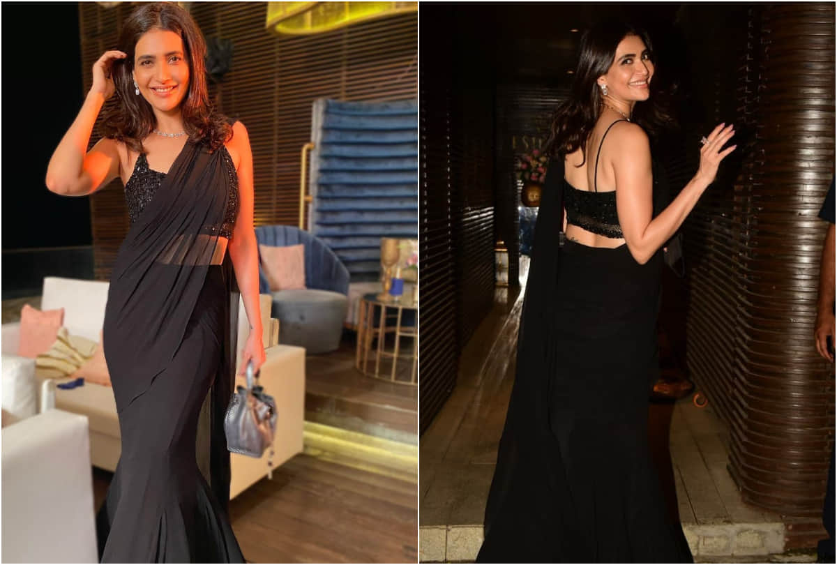 karishma tanna look gorgeous in black ruffle saree with shimmery backless blouse