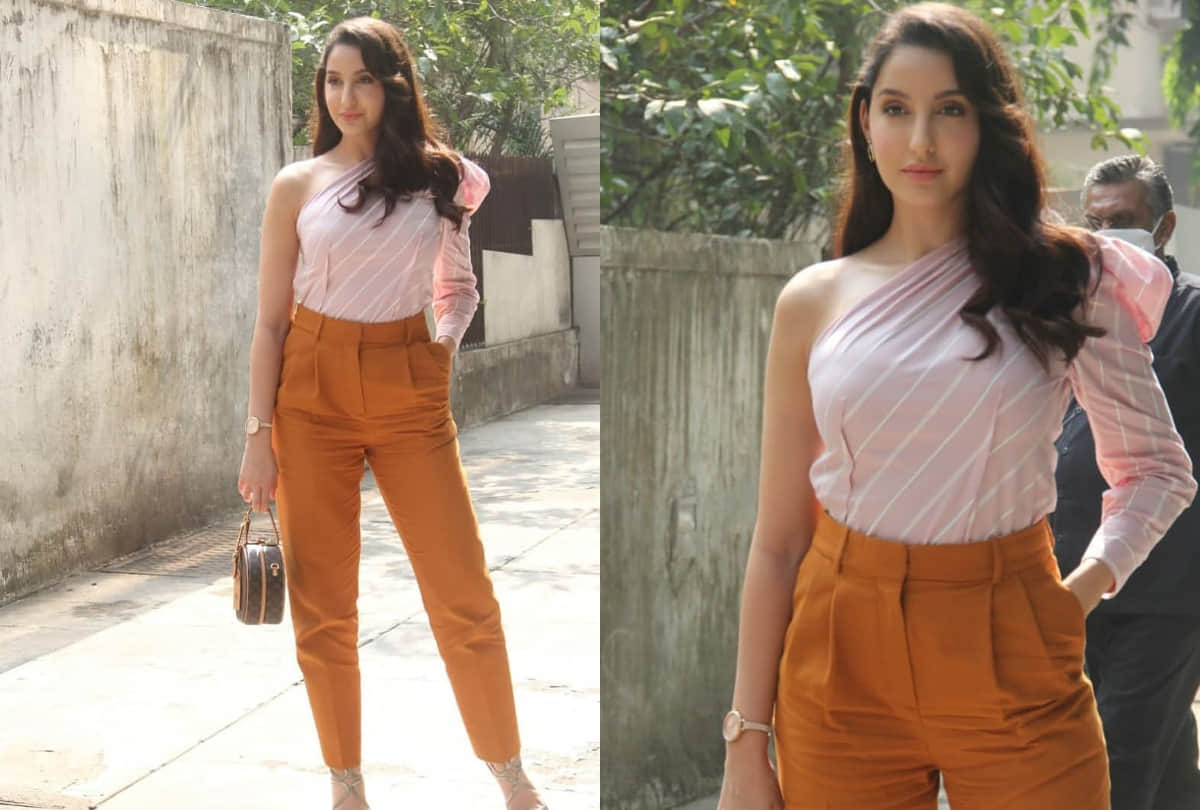 nora fatehi wear one shoulder top with high waist pant carry hand bag worth 3 lakh rupees