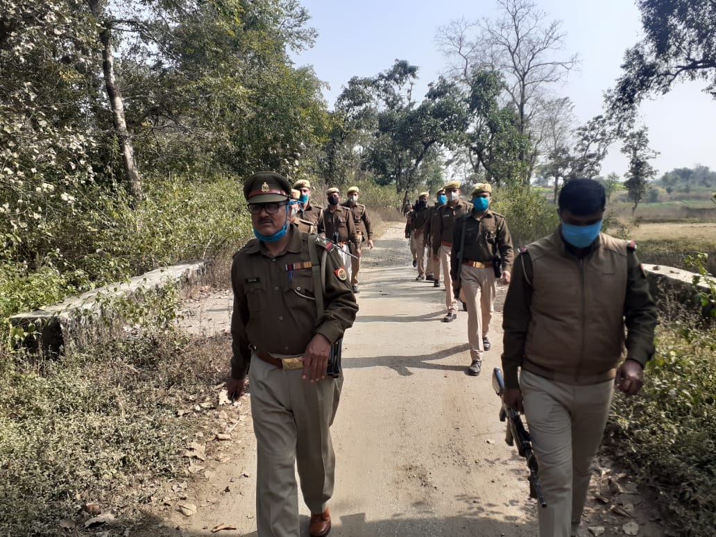 Police and PAC jawans combing in villages