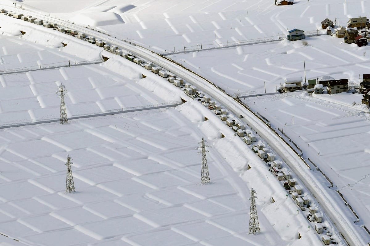 Roads jammed due to heavy snowfall in Japan