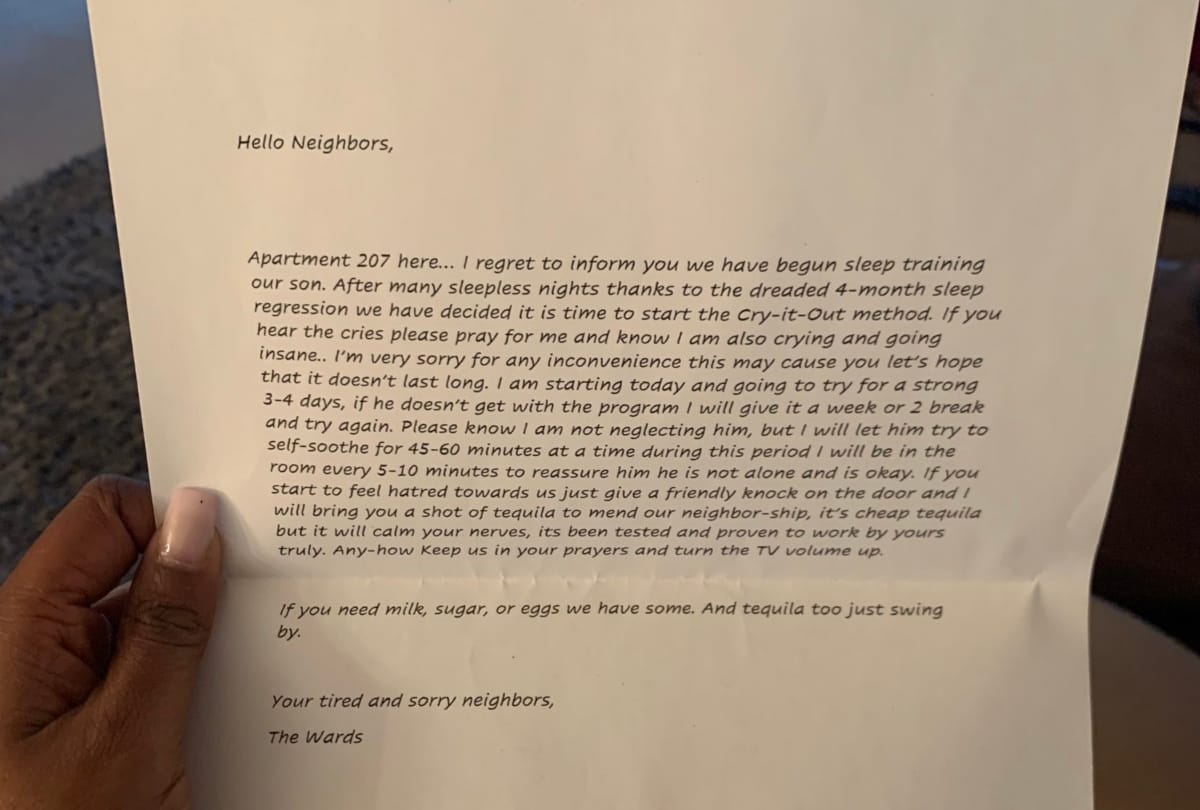 viral weired stories on social media america parents apologetic letter to neighbours over-babys crying viral video